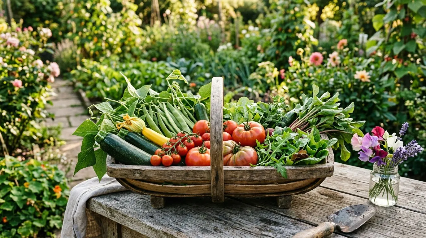 A vegetable harvest display showing courgettes, beans, tomatoes, and salad leaves in a wooden trug