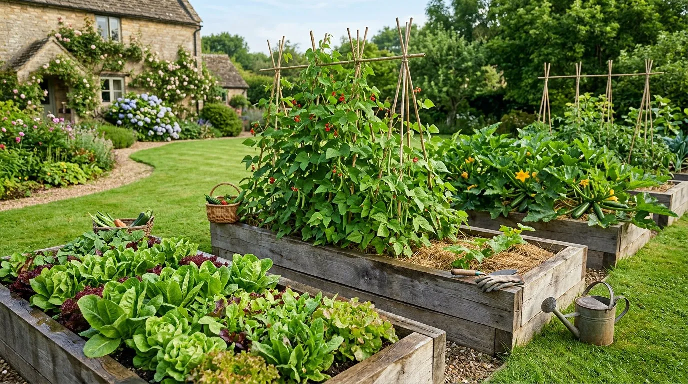 Raised vegetable beds in a UK garden with lettuce, beans, courgettes, and herbs growing in summer