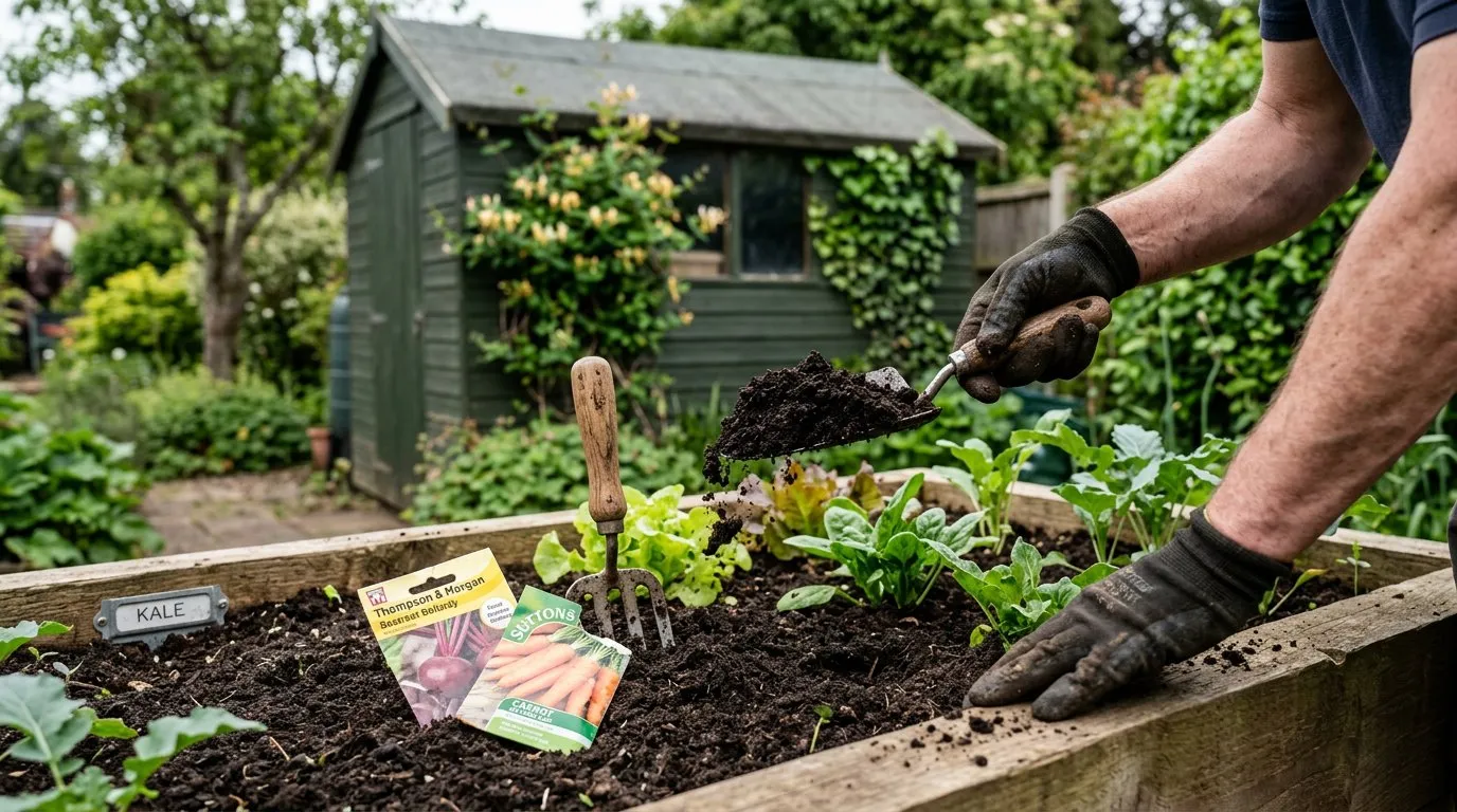 Hands adding compost to a raised vegetable bed with garden tools and seed packets nearby