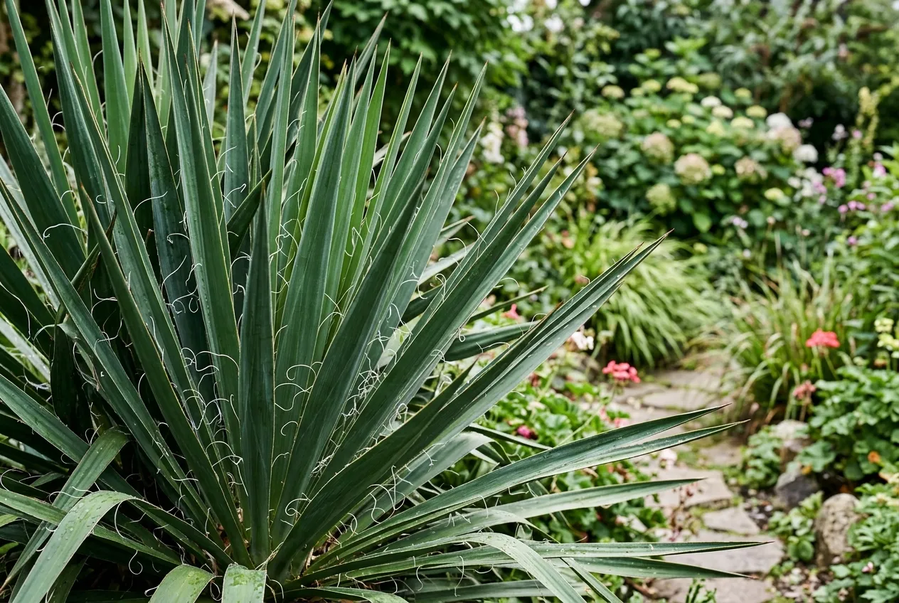 Yucca filamentosa with curly white leaf threads growing in a UK gravel garden border