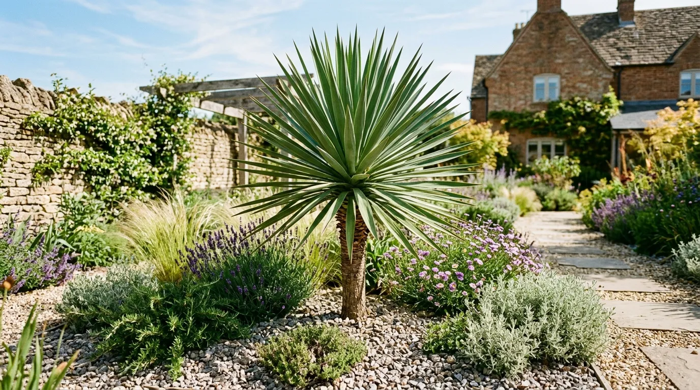 Mature Yucca gloriosa with sword-shaped leaves growing in a UK gravel garden