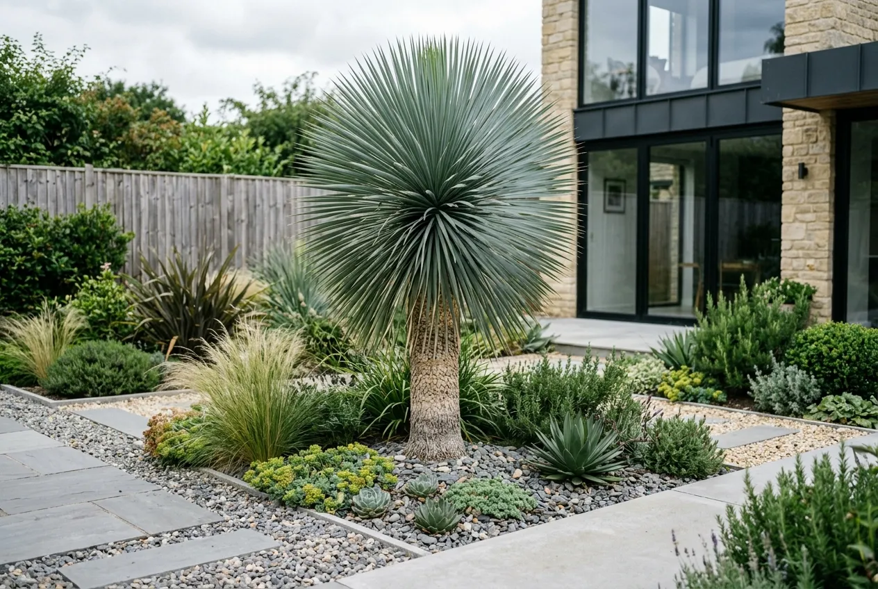 Yucca rostrata forming a blue sphere of narrow leaves as a focal point in a UK gravel garden design