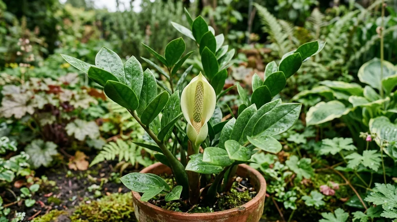 Close-up of zz plant flowering in a UK garden border for zz plant guide