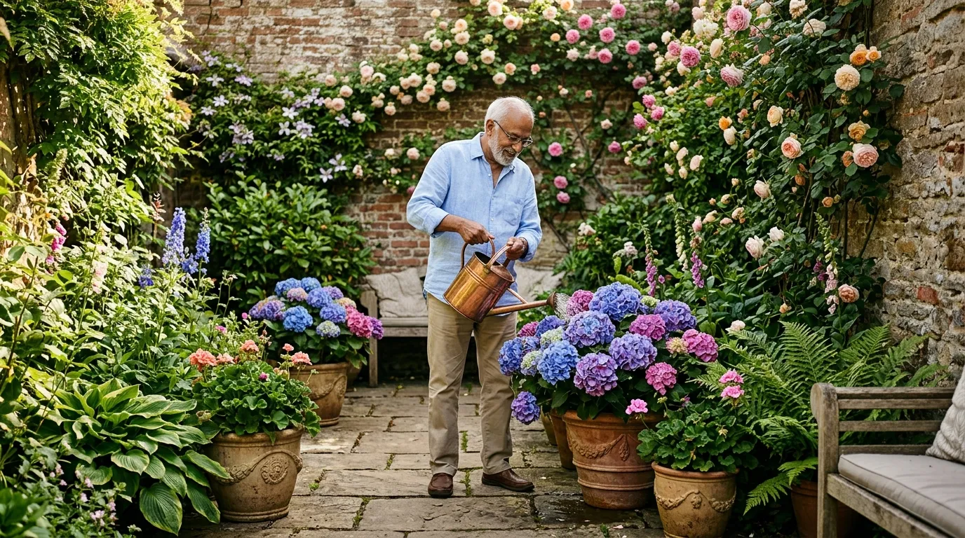 Hydrangeas growing in pots in a UK courtyard garden with blue and pink mophead blooms in ceramic containers