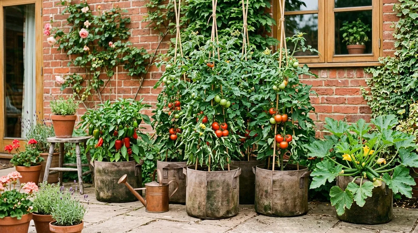 Grow bags on a sunny UK patio with tomatoes, peppers, and courgettes growing