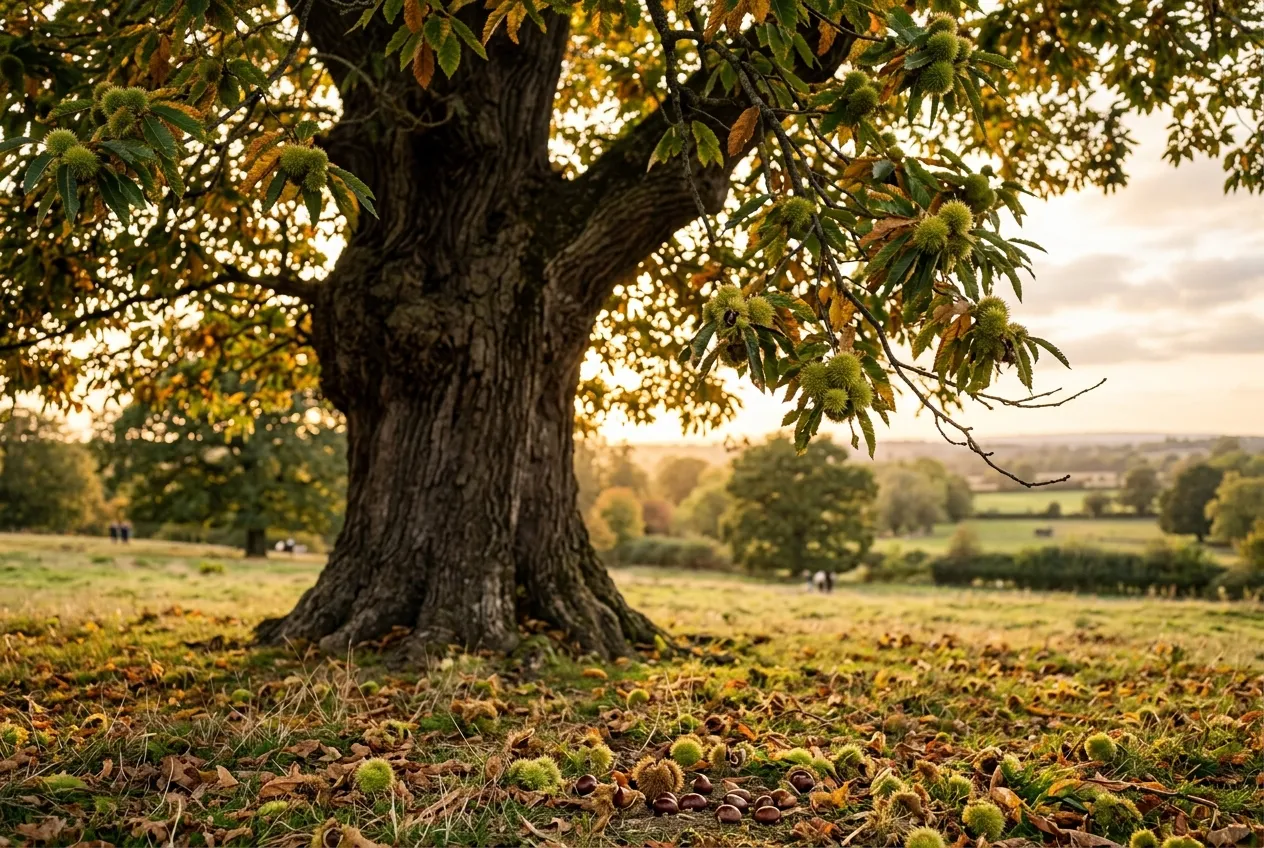 Sweet chestnut tree in British parkland with spiny husks and chestnuts on the ground in autumn