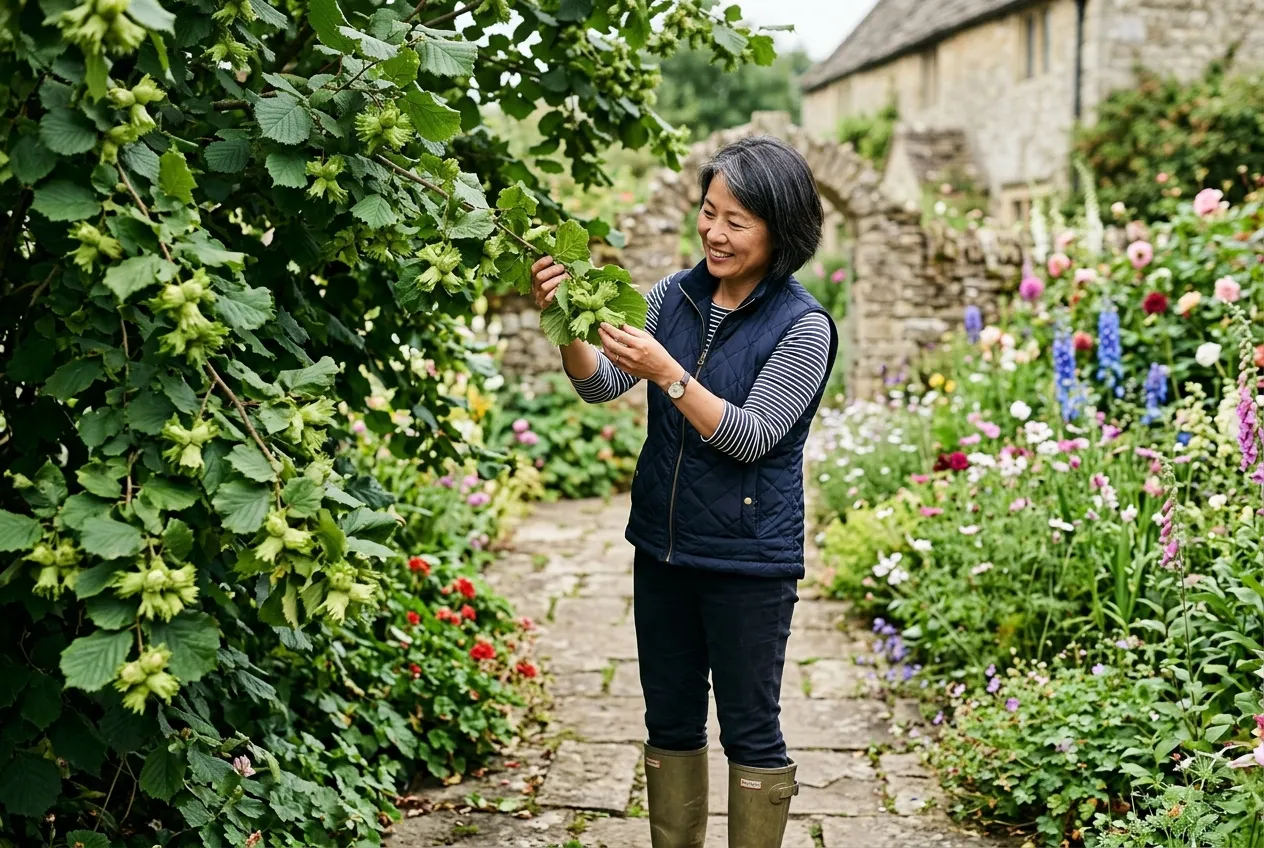 Hazel tree with clusters of green hazelnuts in a UK cottage garden with an East Asian gardener examining the branches