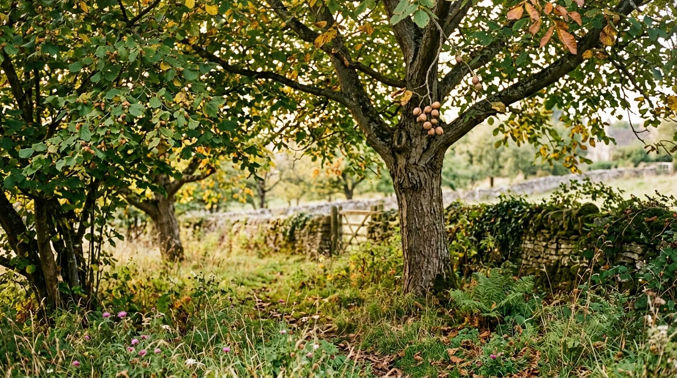 Mature nut trees growing in a traditional English orchard with dappled sunlight and autumn leaves