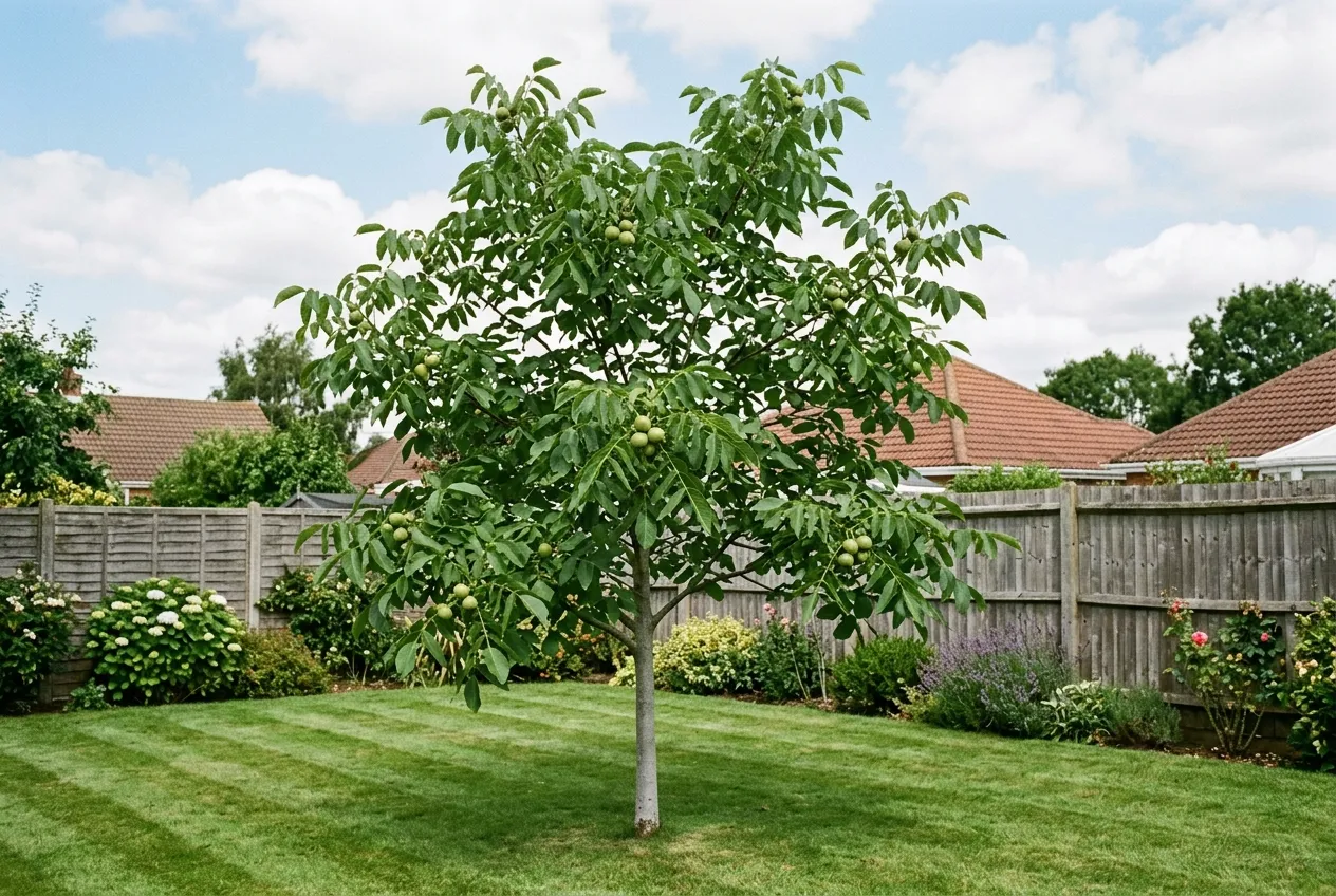 Young English walnut tree growing in a suburban UK garden with green walnuts on branches