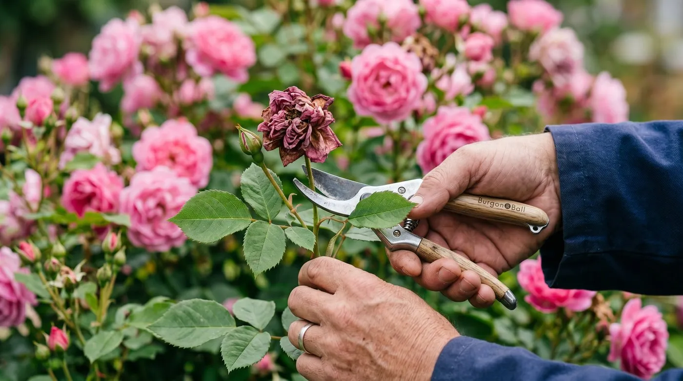 Deadheading a patio rose in a pot with secateurs, snipping a spent bloom above a leaf