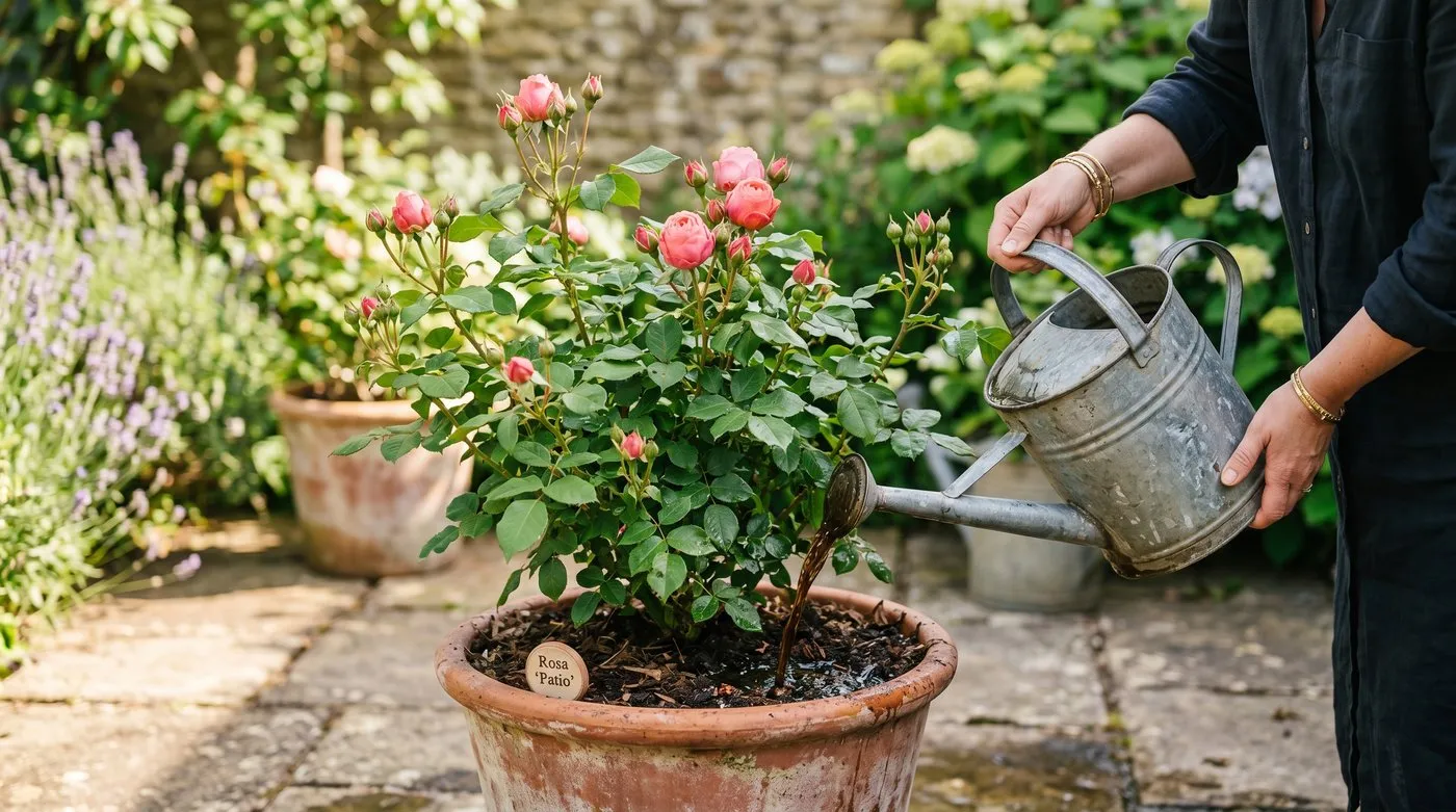 Feeding a potted patio rose with liquid tomato feed from a watering can on a patio