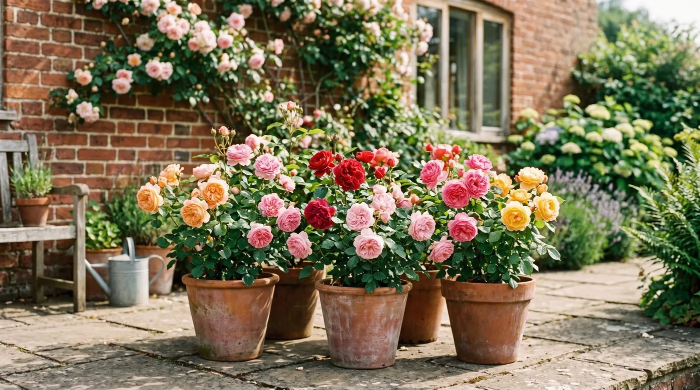 Patio roses in terracotta pots flowering on a sunny UK patio in summer