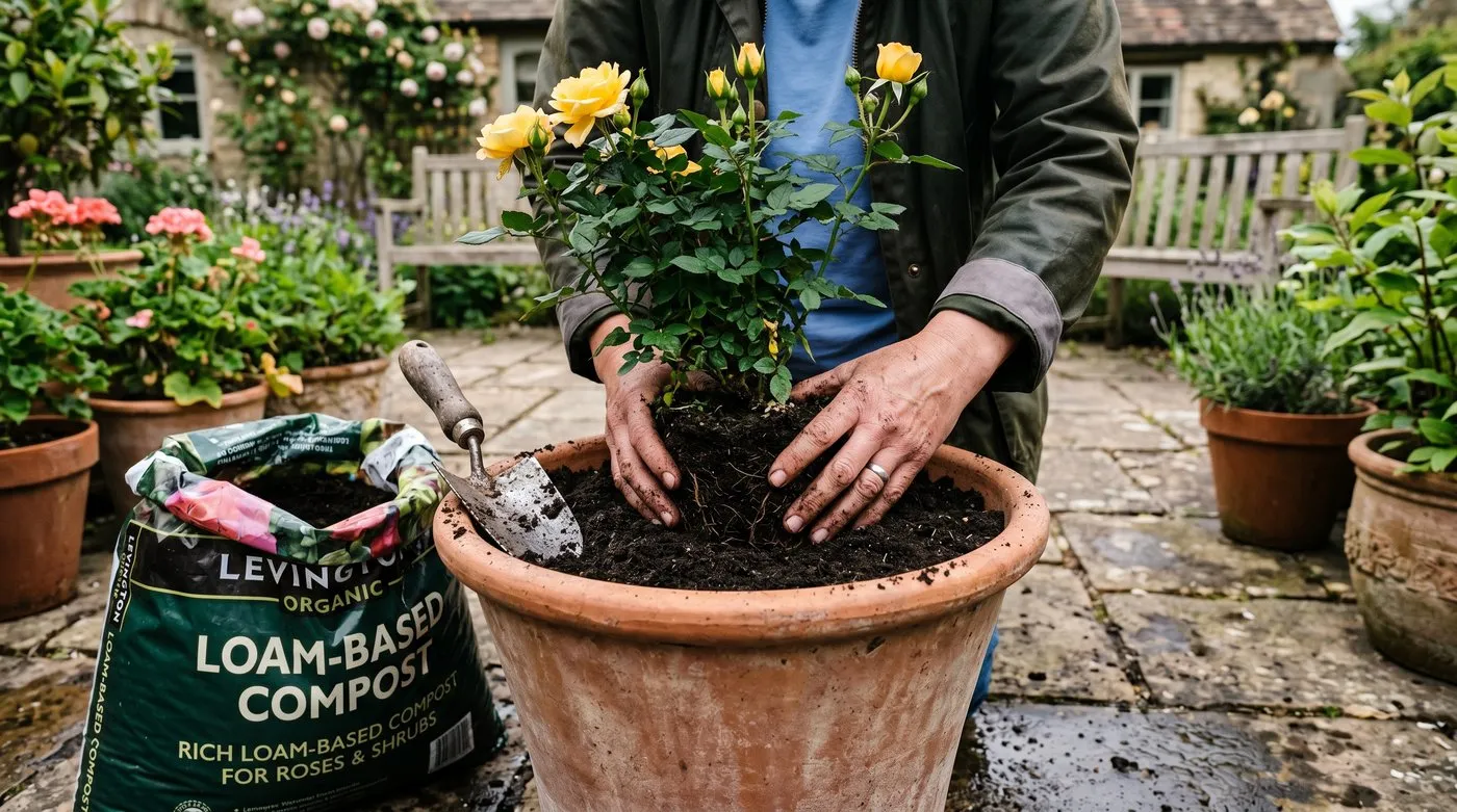 Planting a patio rose into a large terracotta pot with loam-based compost on a patio