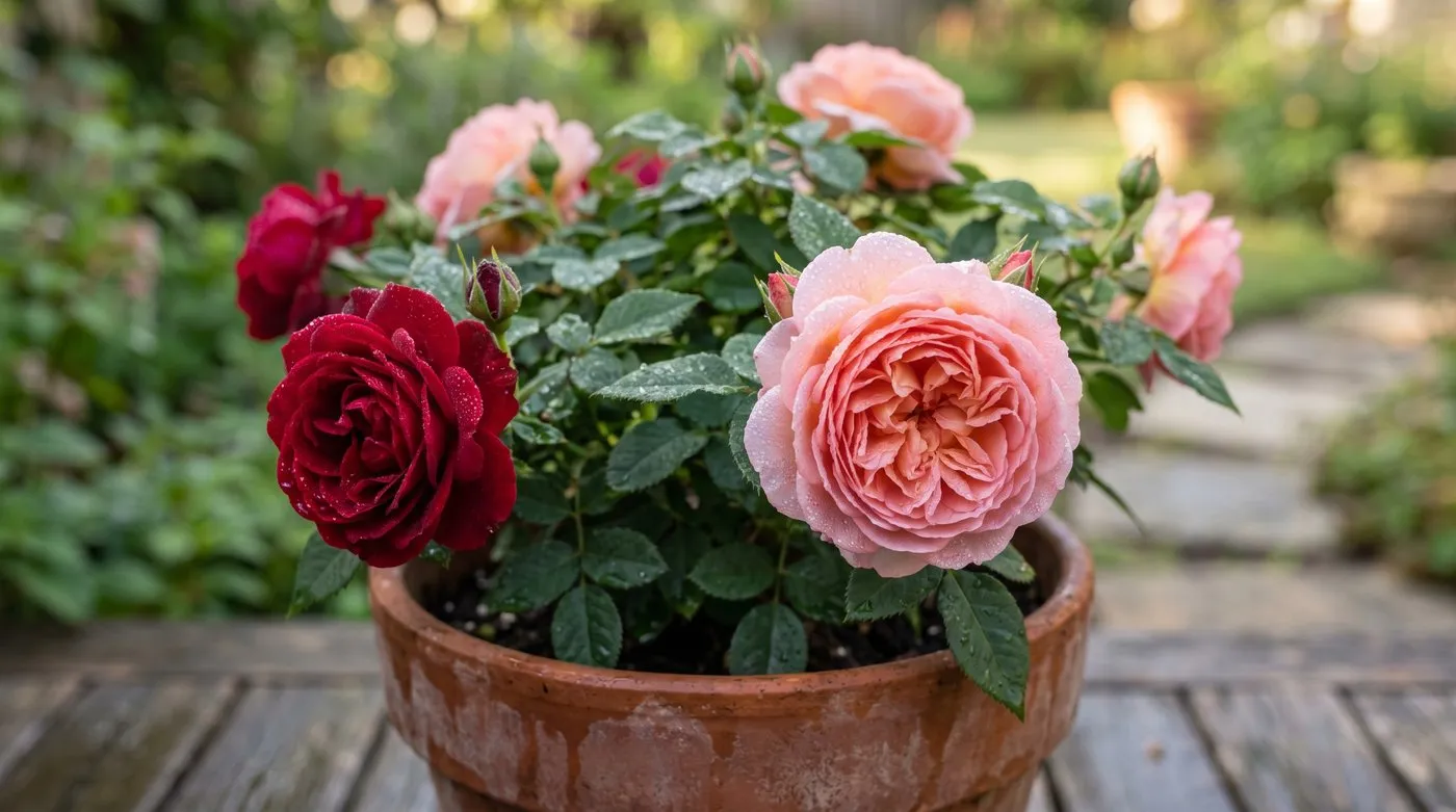 A close-up of patio rose blooms in pink, apricot and red on compact bushy plants