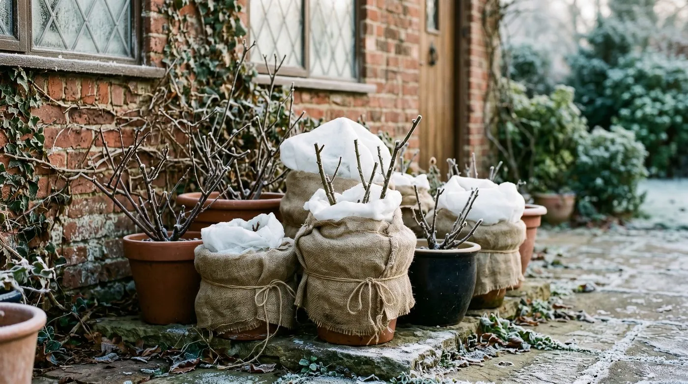 Patio rose pots grouped against a sheltered house wall and wrapped with fleece for winter