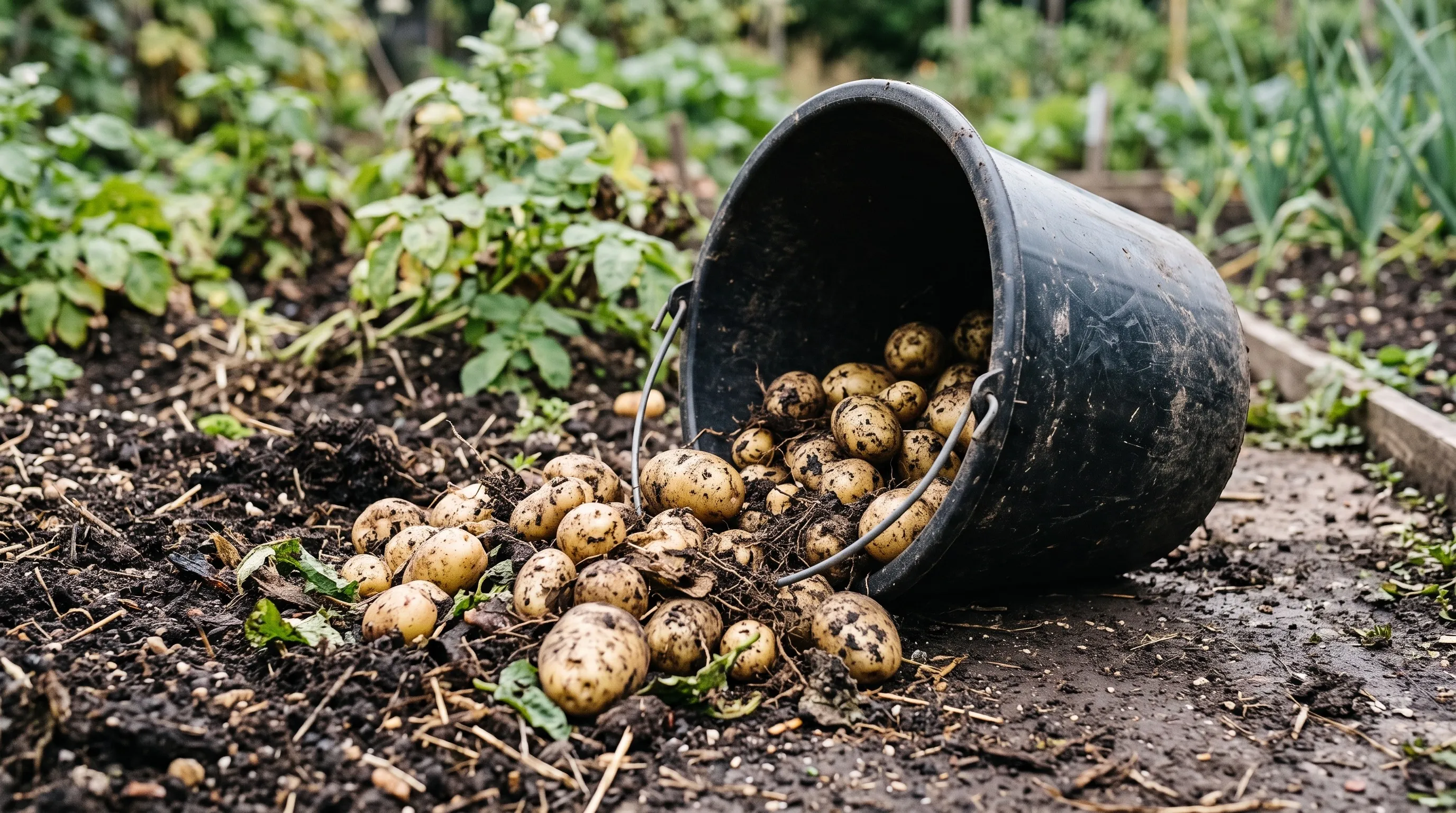 A black bucket tipped over spilling a heap of freshly dug new potatoes