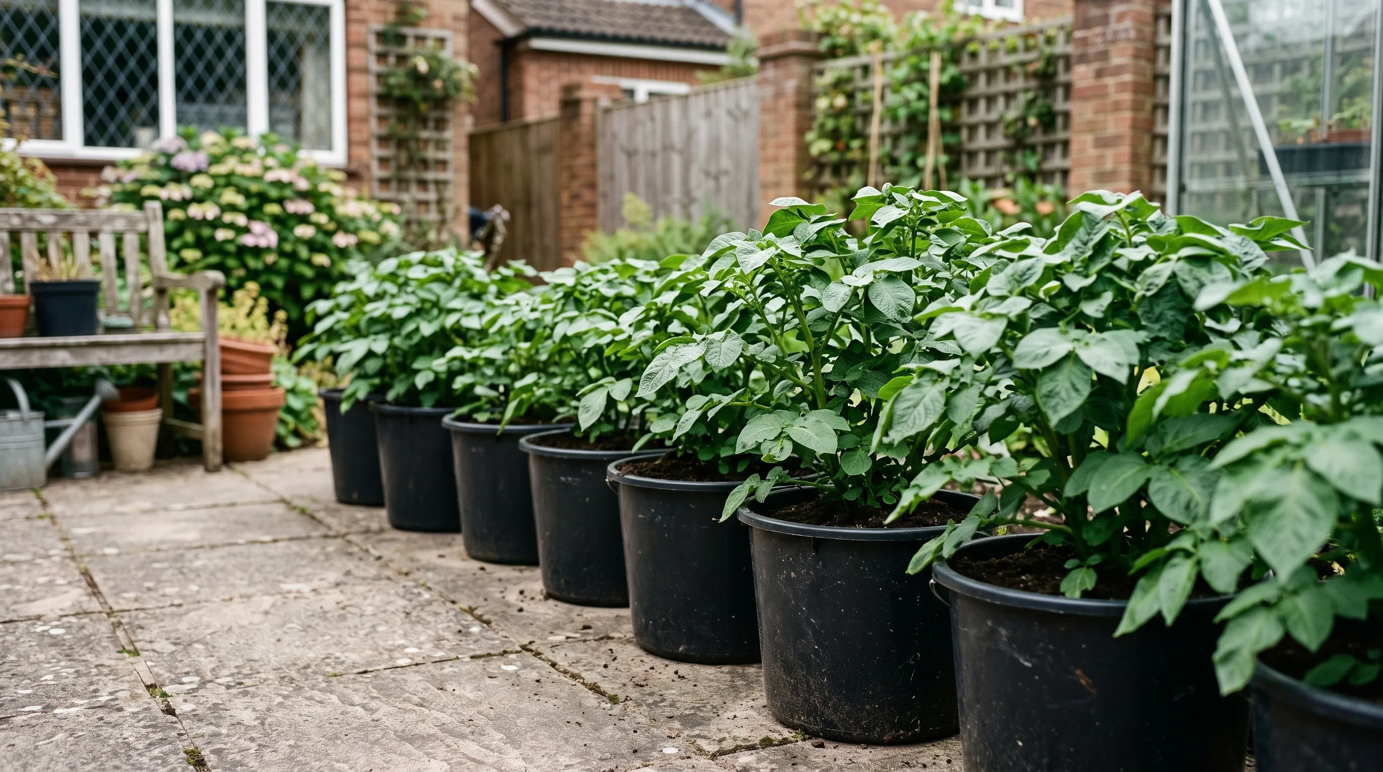 Healthy potato plants with dark green leaves growing in black buckets on a UK patio
