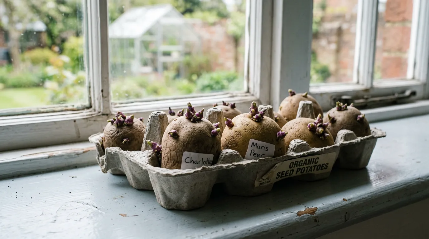 Seed potatoes chitting in an egg box on a cool bright windowsill, showing small purple sprouting eyes
