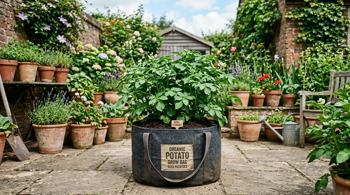 Potatoes growing in a large fabric grow bag on a patio with healthy green foliage