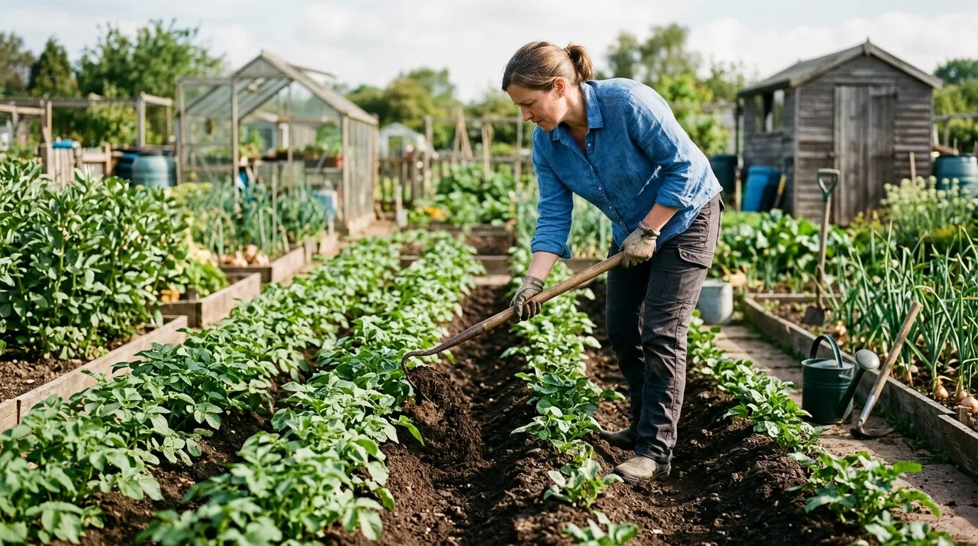Earthing up potatoes in a garden row, mounding soil around the stems with a draw hoe in spring
