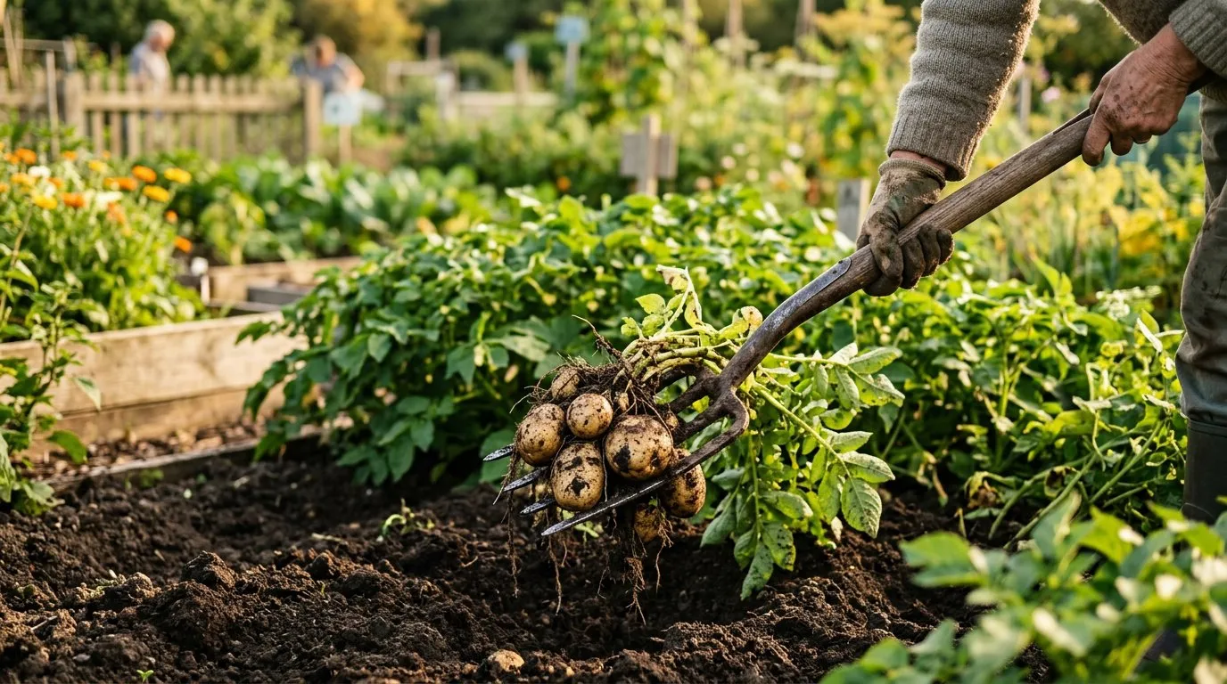 Freshly harvested potatoes being lifted from dark soil with a garden fork in warm afternoon light