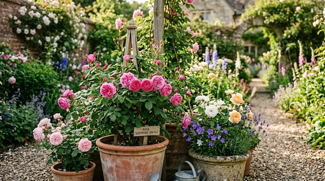 UK garden scene showing growing roses containers in seasonal context