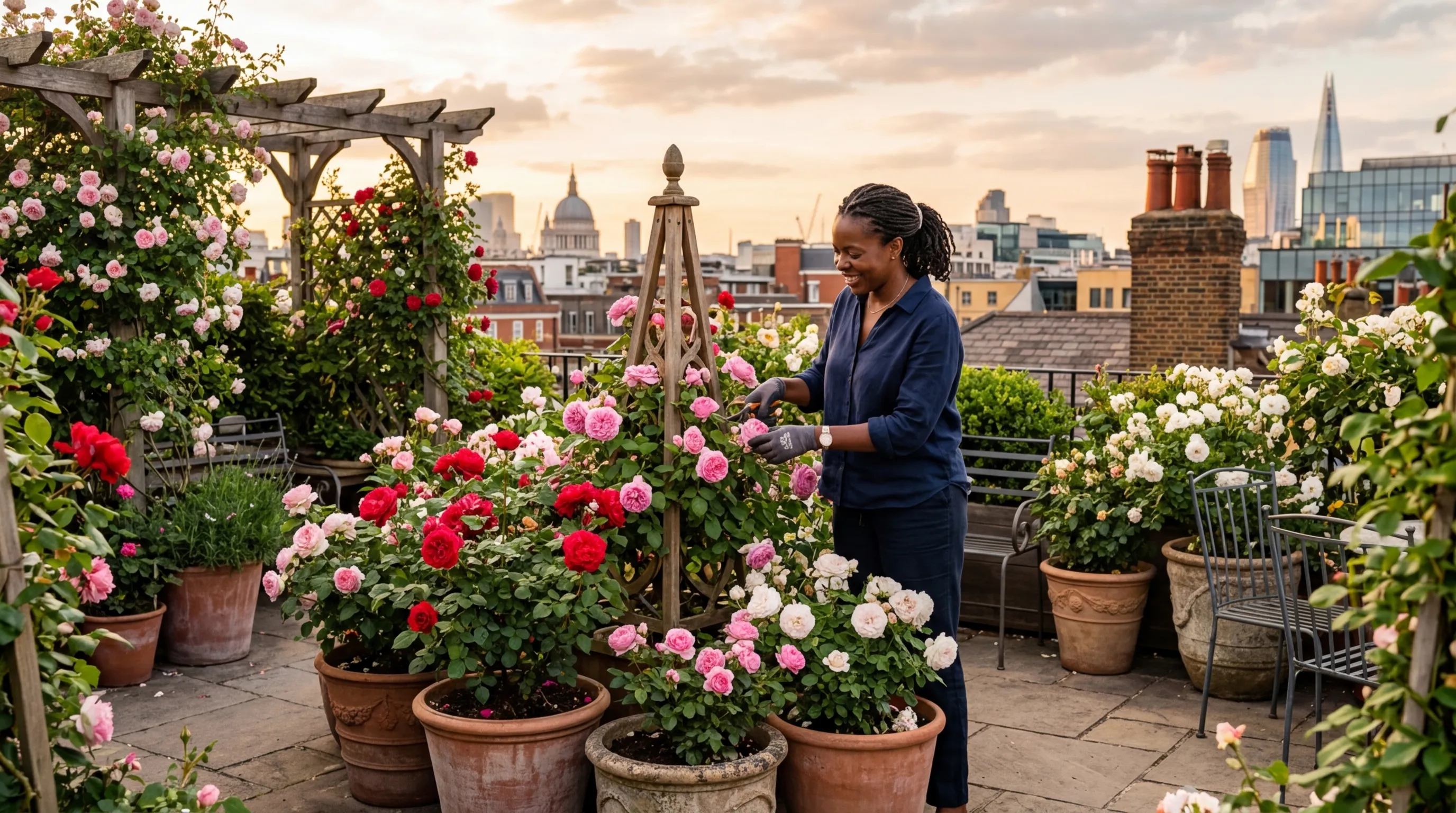 Growing roses in containers on a UK city rooftop terrace with terracotta pots and climbing roses in bloom