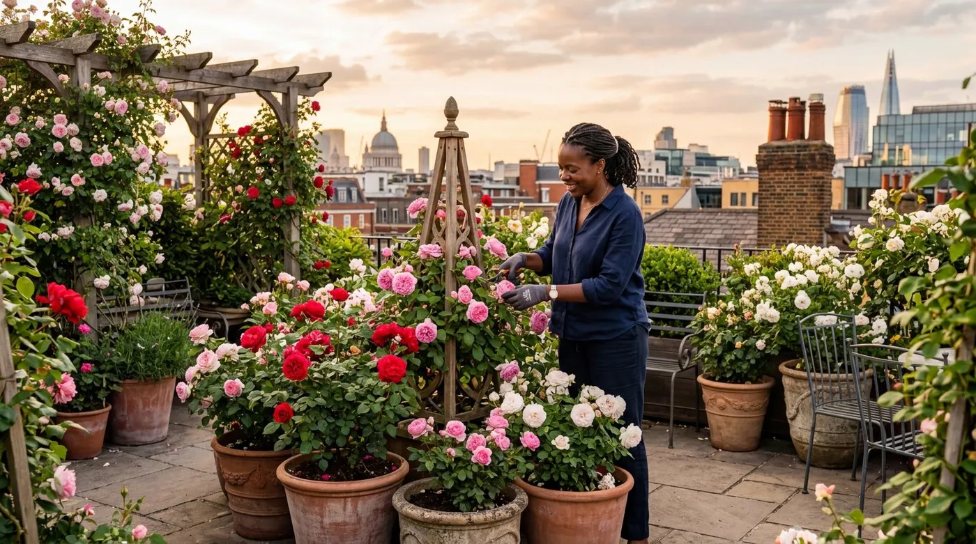 Growing roses in containers on a UK city rooftop terrace with terracotta pots of climbing and patio roses in red pink and white bloom