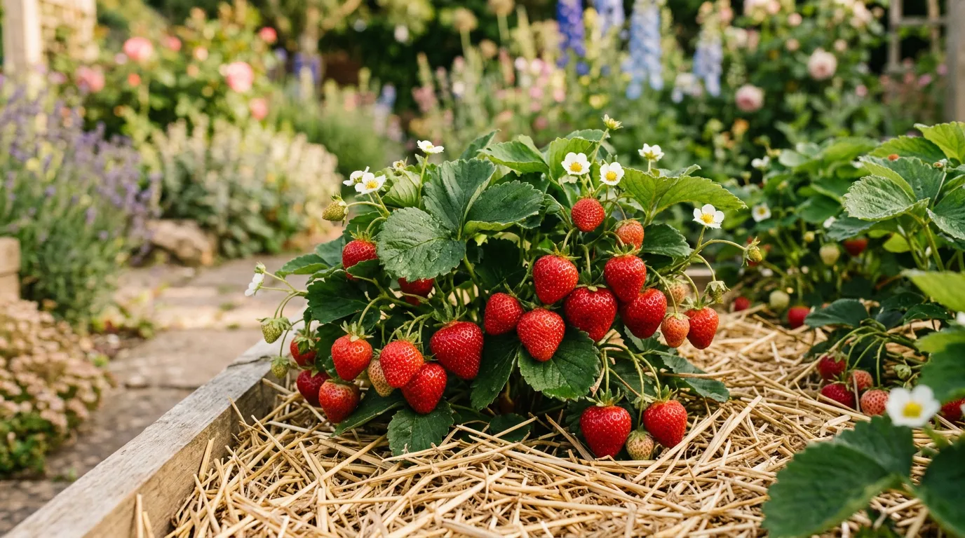Ripe red strawberries growing in a garden bed with straw mulch beneath the fruit in warm sunlight