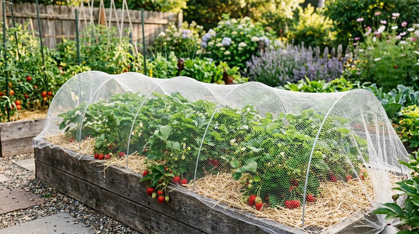 Strawberry plants growing in a raised bed with straw mulch and bird netting on hoops protecting the fruit