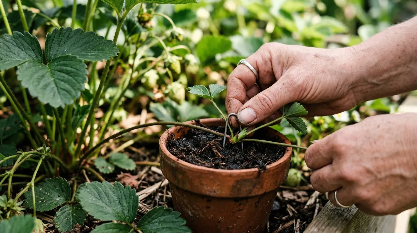 Close-up of a strawberry runner being pinned into a small pot of compost with a wire staple