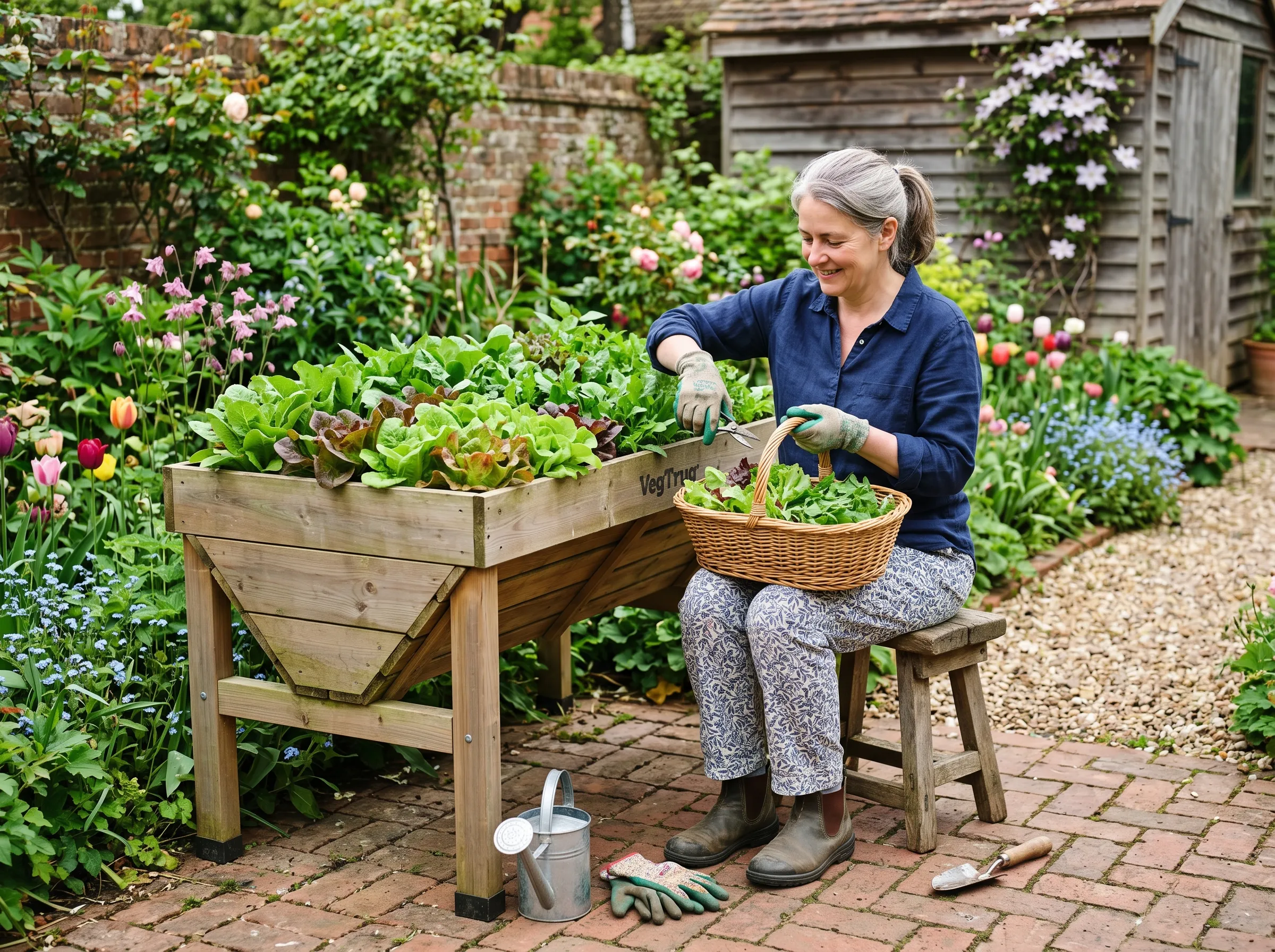 UK gardener using a growing table on a patio while seated on a low stool, harvesting cut-and-come-again salad leaves at waist height with no bending or kneeling required