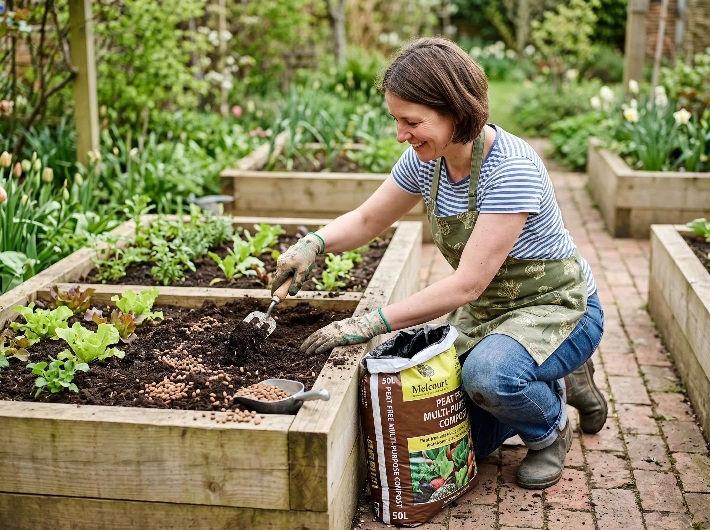 UK gardener kneeling next to a growing table on a patio, topping up the compost with peat-free multi-purpose from a 50l bag, mixing in chicken manure pellets with a hand fork