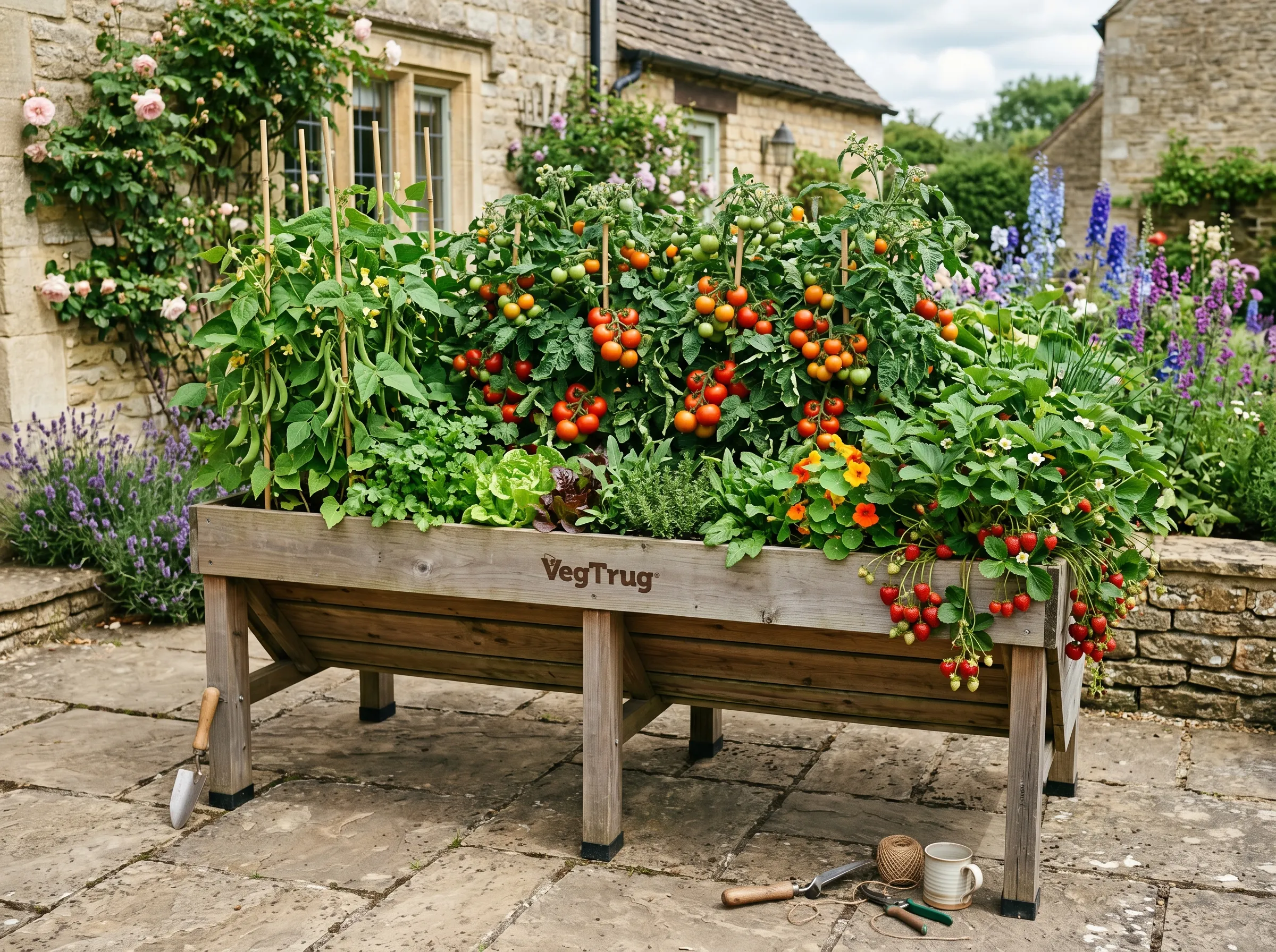 UK growing table planted to a layout plan with bush tomatoes in the centre deep section, dwarf French beans at one end, strawberries at the other, and salad leaves and herbs around the shallow edges, mid-July abundance