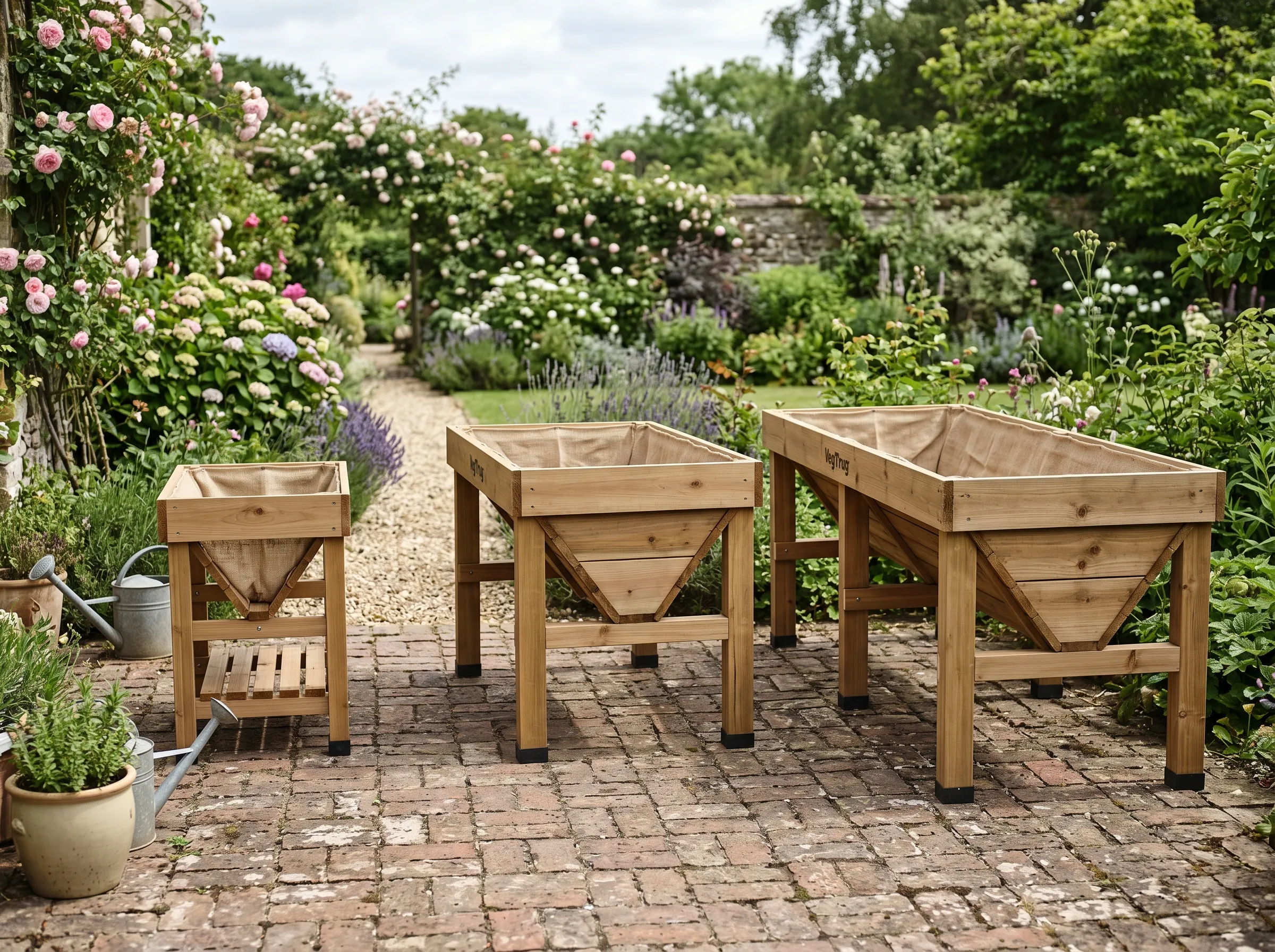 Three UK growing tables photographed side by side on a brick patio - a small VegTrug Mini at 70cm long, a VegTrug Classic 1m, and the larger VegTrug Classic 1.8m XL, all empty showing the V-shaped profile