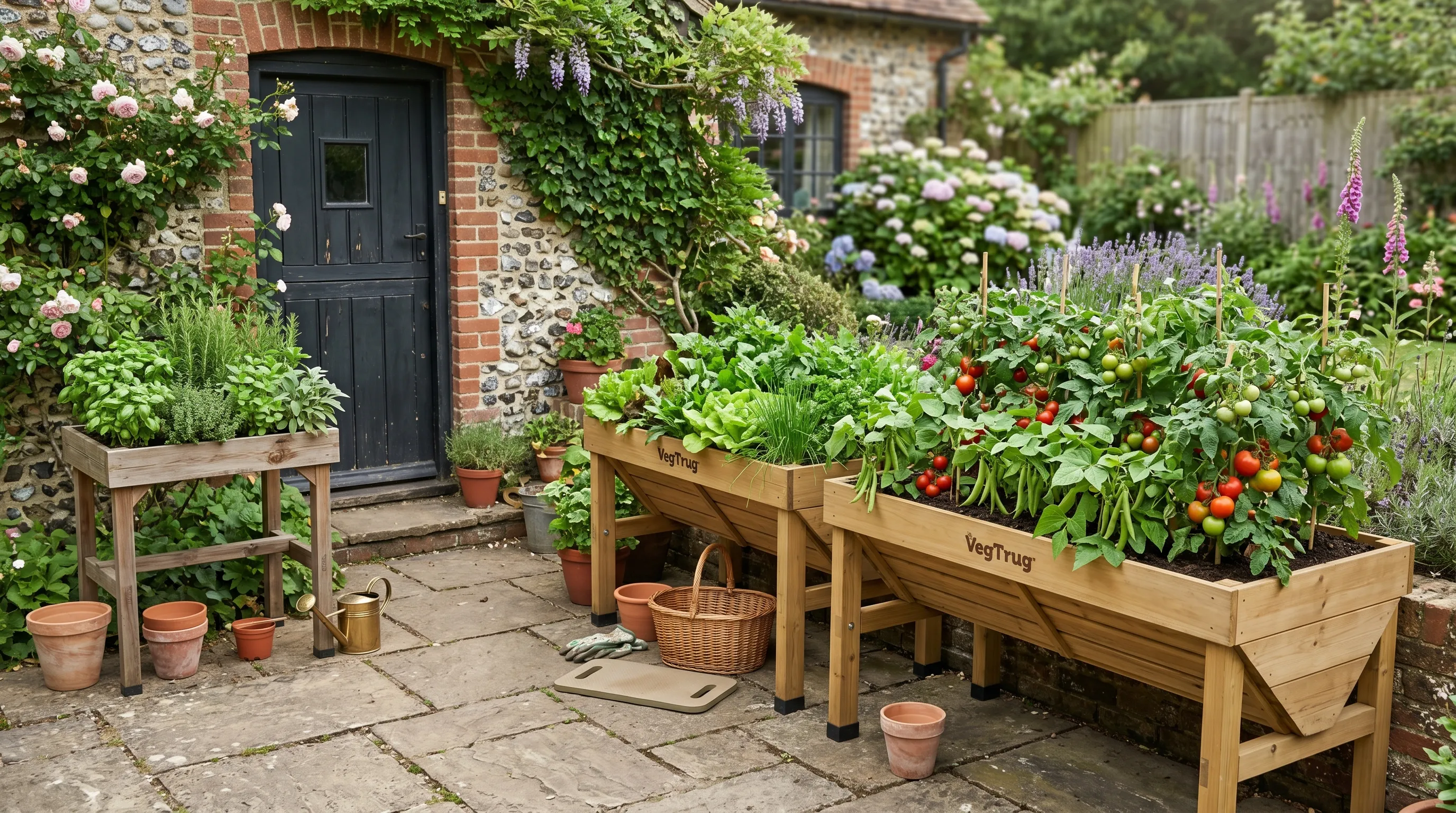 UK patio with three growing tables side by side in different sizes - a 1m VegTrug full of salads and herbs, a 1.8m large planted with tomatoes and beans, and a small herb table near a back door
