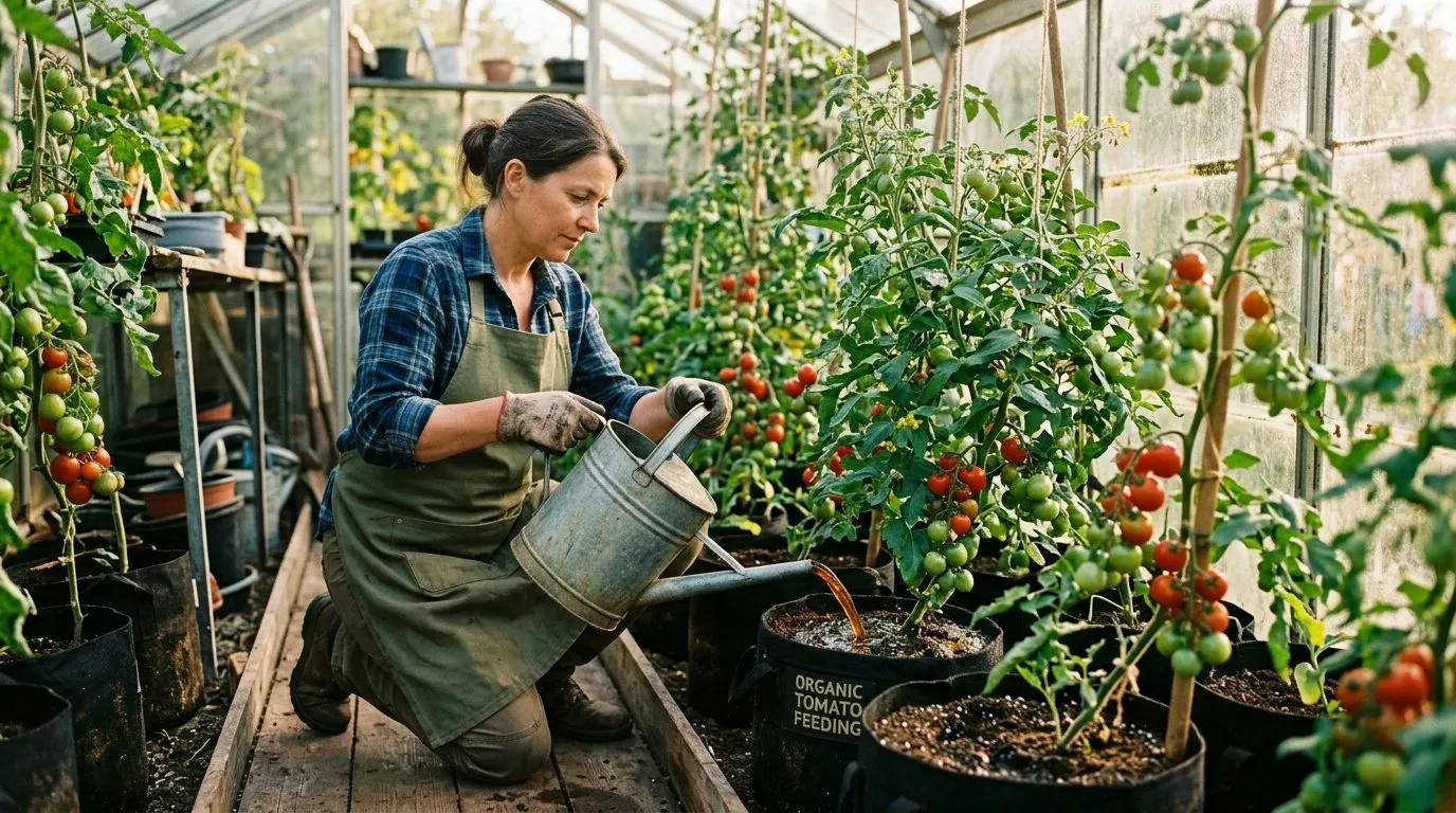 Gardener feeding tomato plants in grow bags inside a greenhouse with a watering can