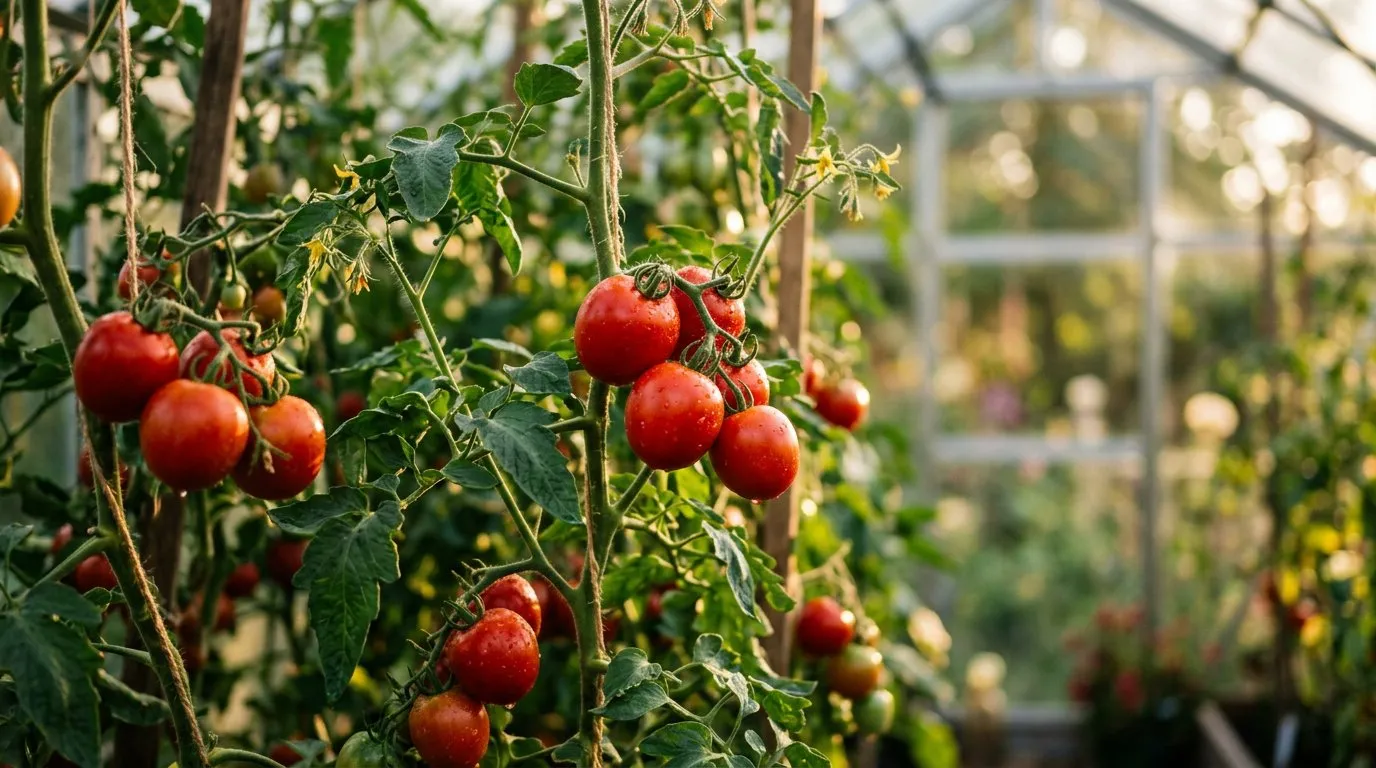 Ripe red tomatoes growing on the vine inside a greenhouse with warm afternoon light