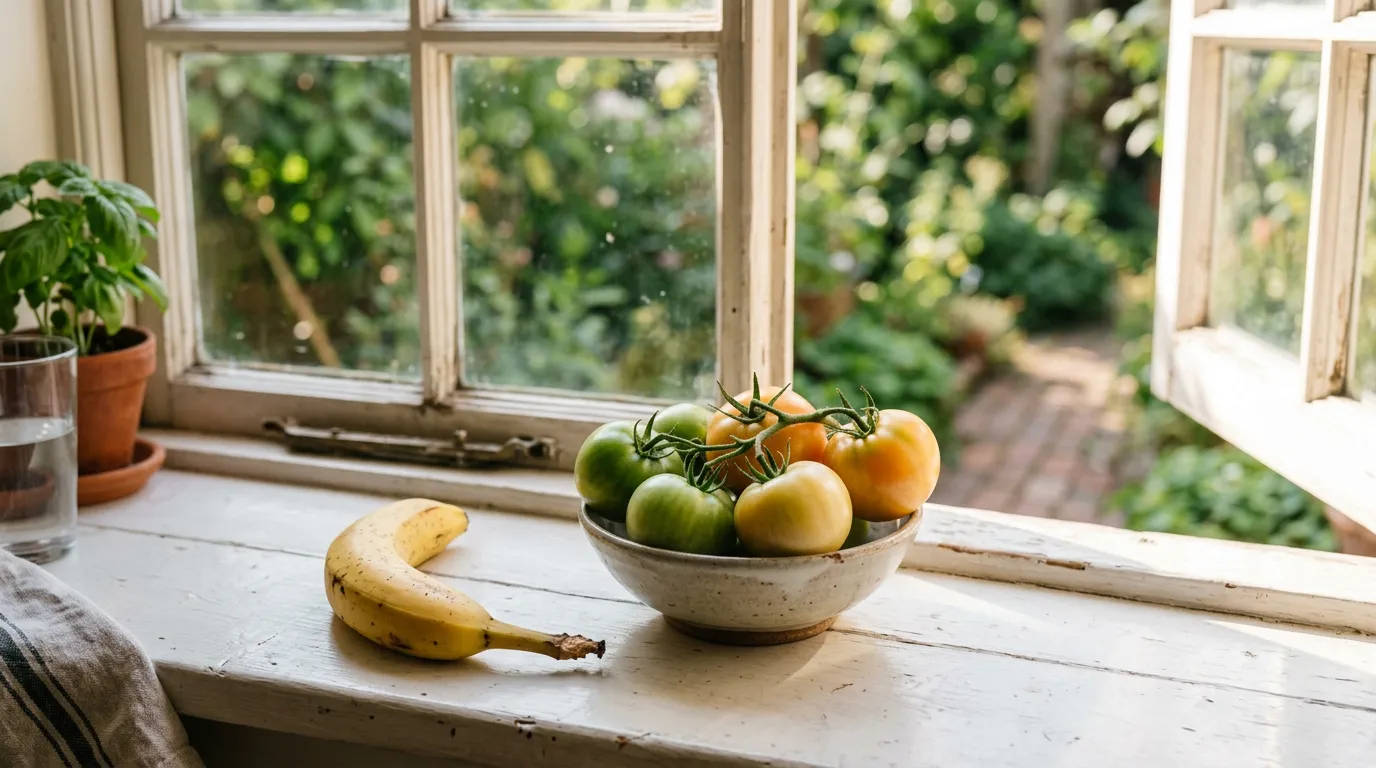 Green tomatoes ripening on a kitchen windowsill next to a banana in warm daylight