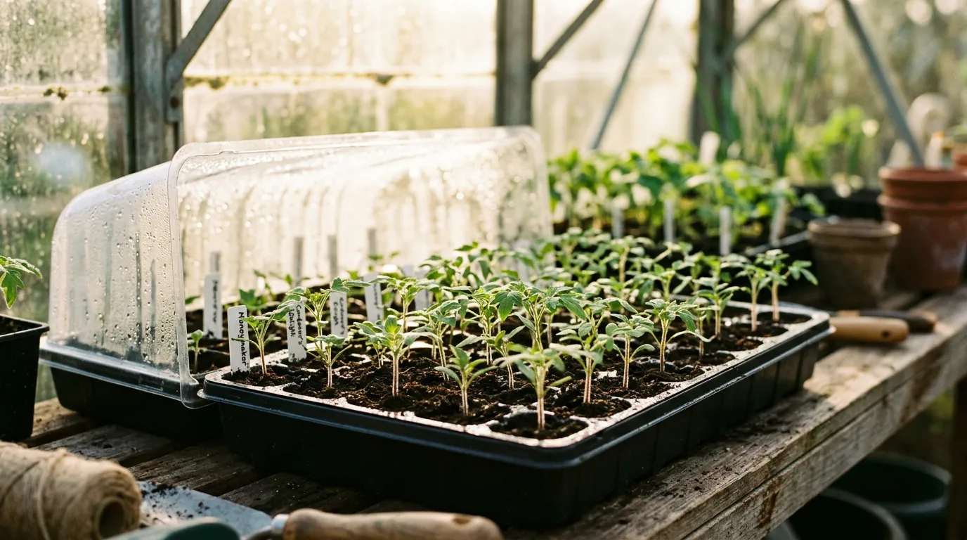 Tomato seedlings growing in a heated propagator on a greenhouse bench with warm morning light