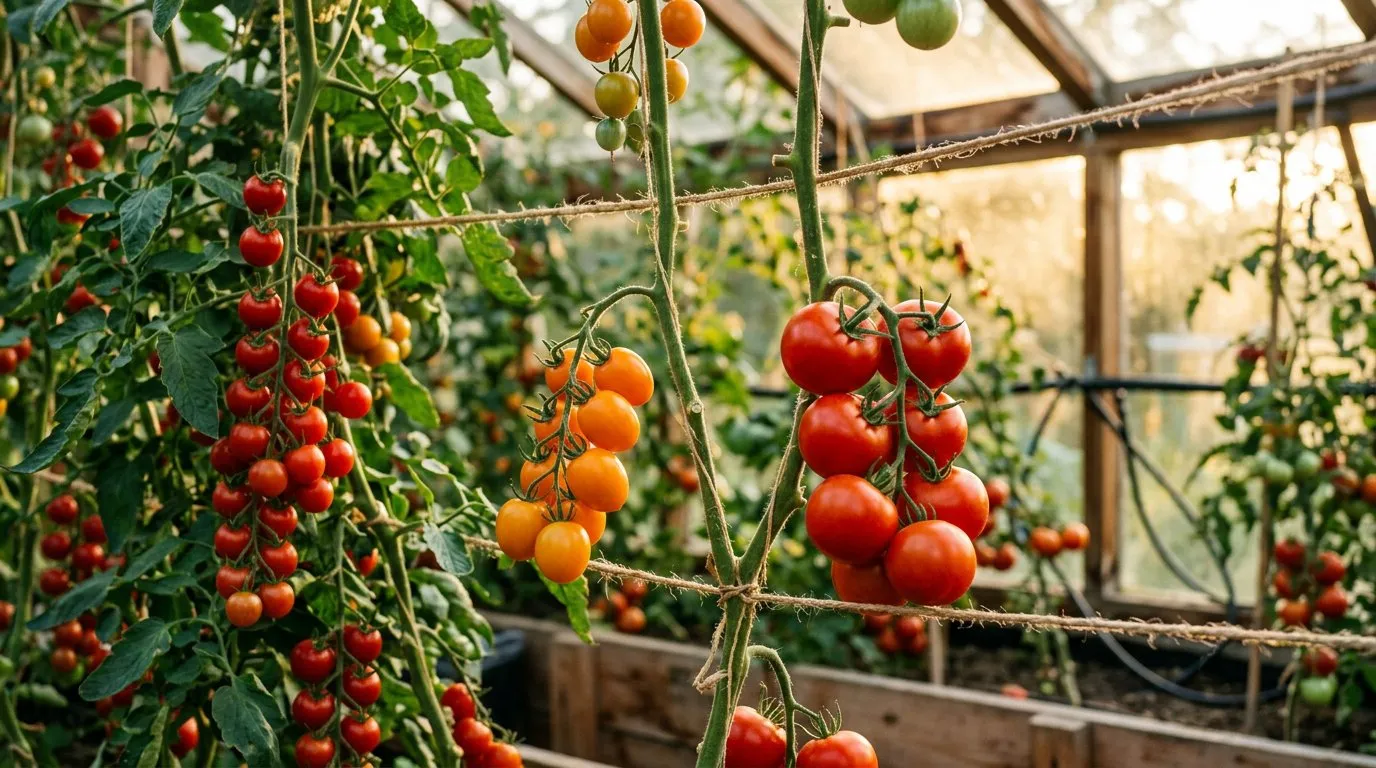 Different tomato varieties growing on the vine in a greenhouse, cherry and medium types in red and orange