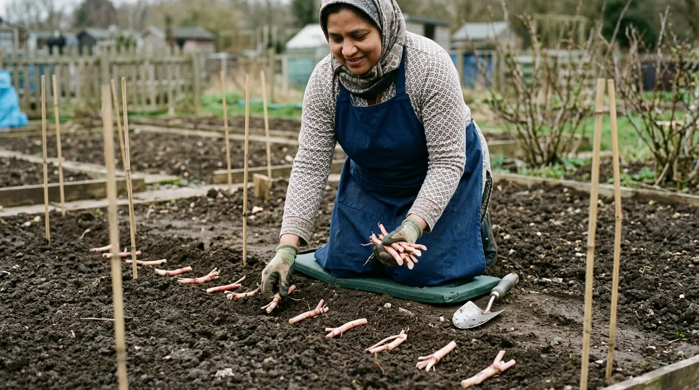 A Bangladeshi-British UK gardener planting Bocking 14 comfrey root cuttings into freshly prepared soil in March, with root cuttings visible in her hand and bamboo marker stakes laid in a 75cm grid