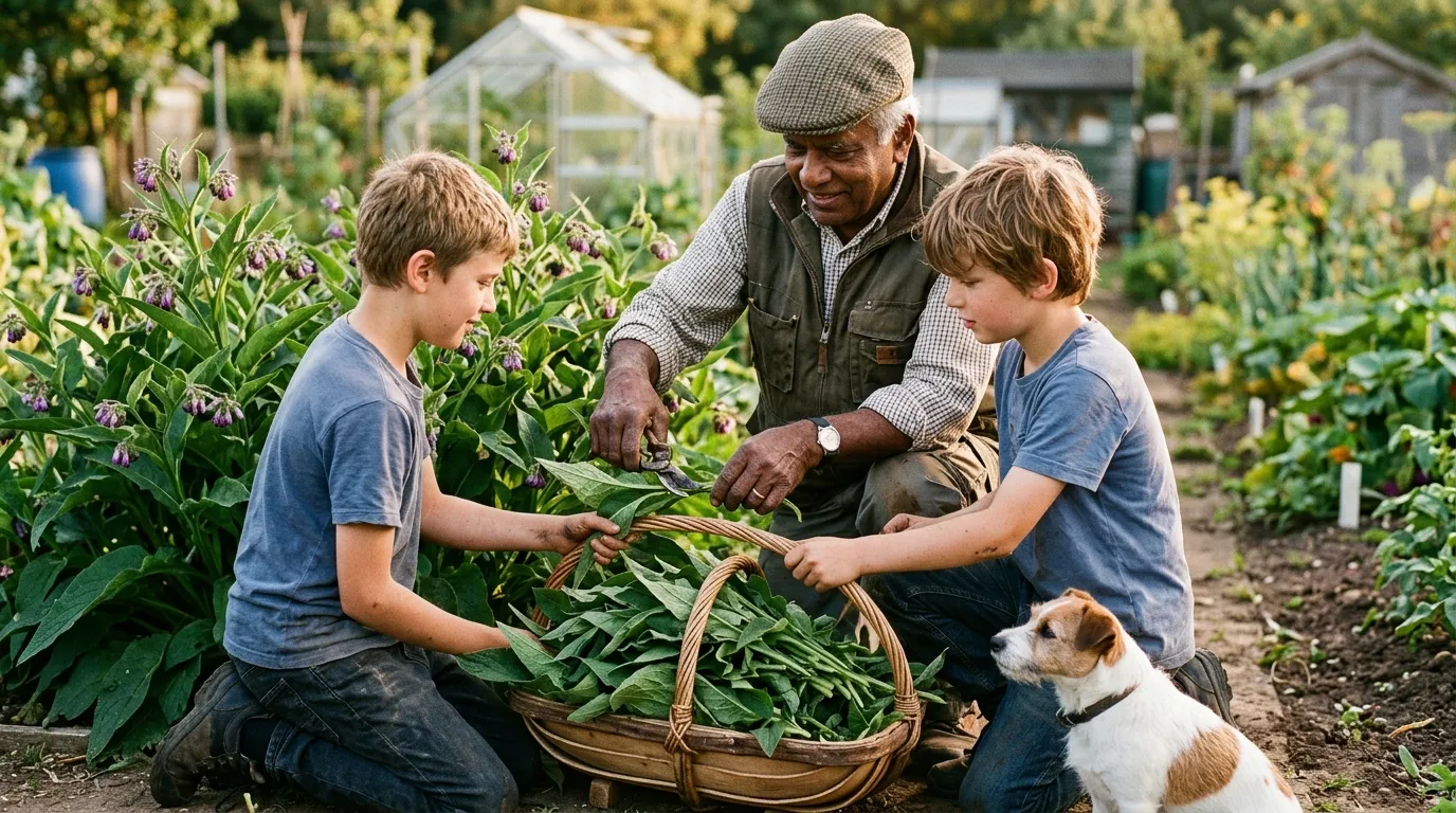 An elderly Sri Lankan-British gardener and his white grandson cutting comfrey leaves with shears into a wicker trug, with a small white and tan dog at their feet and mature comfrey plants in flower behind