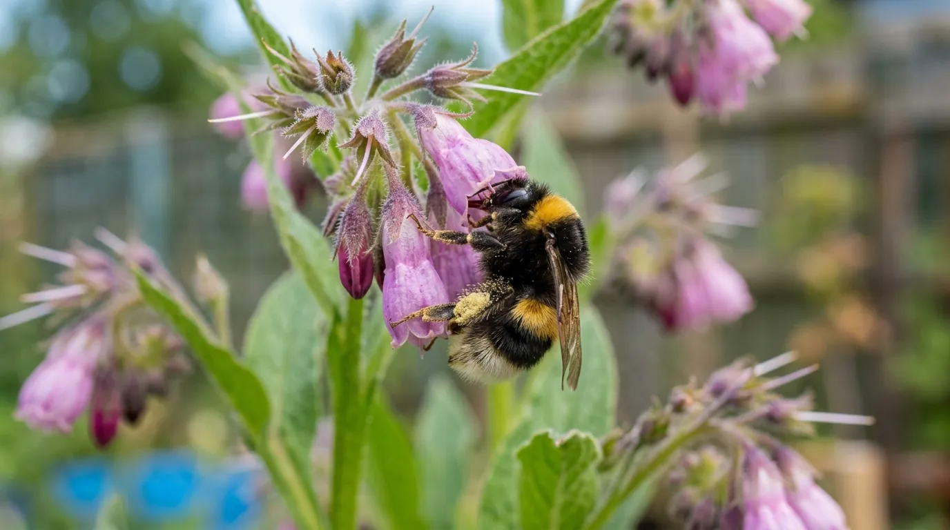 Macro photograph of a buff-tailed bumblebee with pollen on its legs foraging on a Bocking 14 comfrey flower in close-up