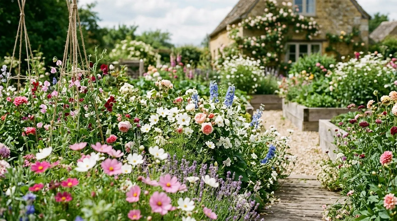 UK garden scene showing growing wedding flowers garden in seasonal context