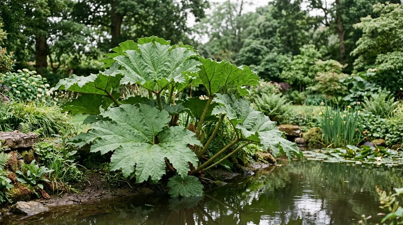 Giant gunnera plant with leaves up to two metres across beside a pond in a large UK garden
