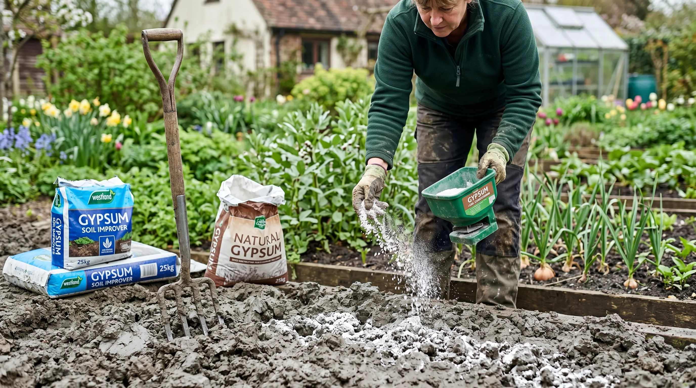 UK garden bed with heavy grey clay soil being amended with white powdered gypsum from a hand spreader, a fork half-turned in the soil and bags of gypsum nearby
