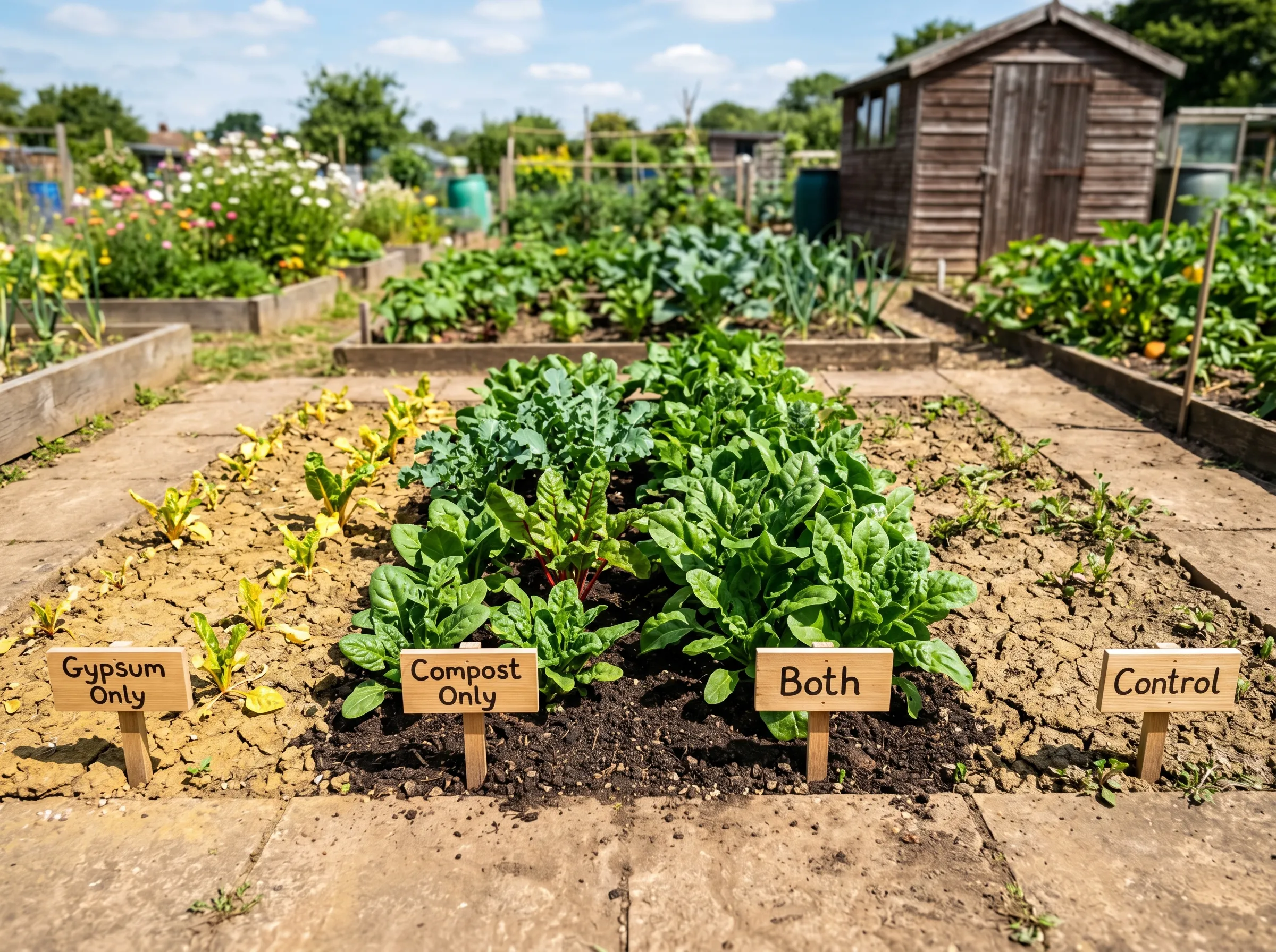 Side-by-side UK garden trial showing four 1m² plots labelled gypsum only, compost only, both, and control, with different growth and soil-tilth visible across the plots after 3 years of treatment