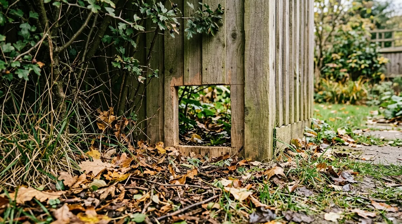 Hedgehog corridor gap at the base of a native hedge linking two UK gardens