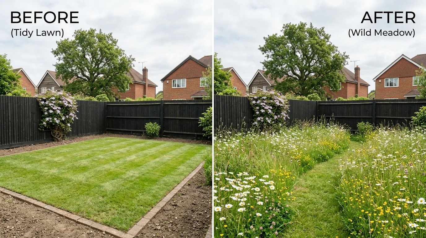 Before and after of a tidy mown lawn and the same corner turned into a wildflower mini-meadow